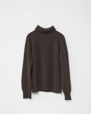 Shetland Wool Large Rib Crew-Neck Jumper / Brown