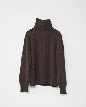 Shetland Wool Large Rib Crew-Neck Jumper / Brown