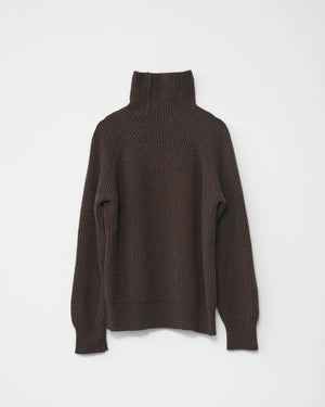 Shetland Wool Large Rib Crew-Neck Jumper / Brown