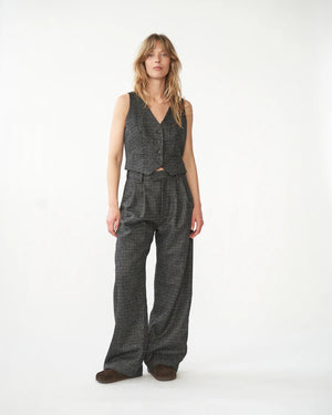 Shetland Wool Wide Box Trousers / Navy / Grey