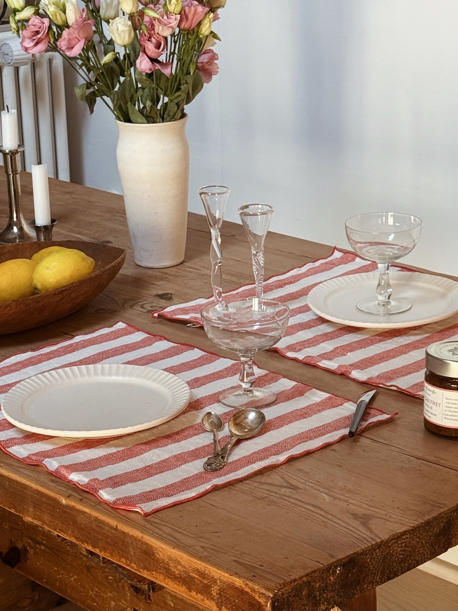 Linen Table Mat / Red / White Stripe