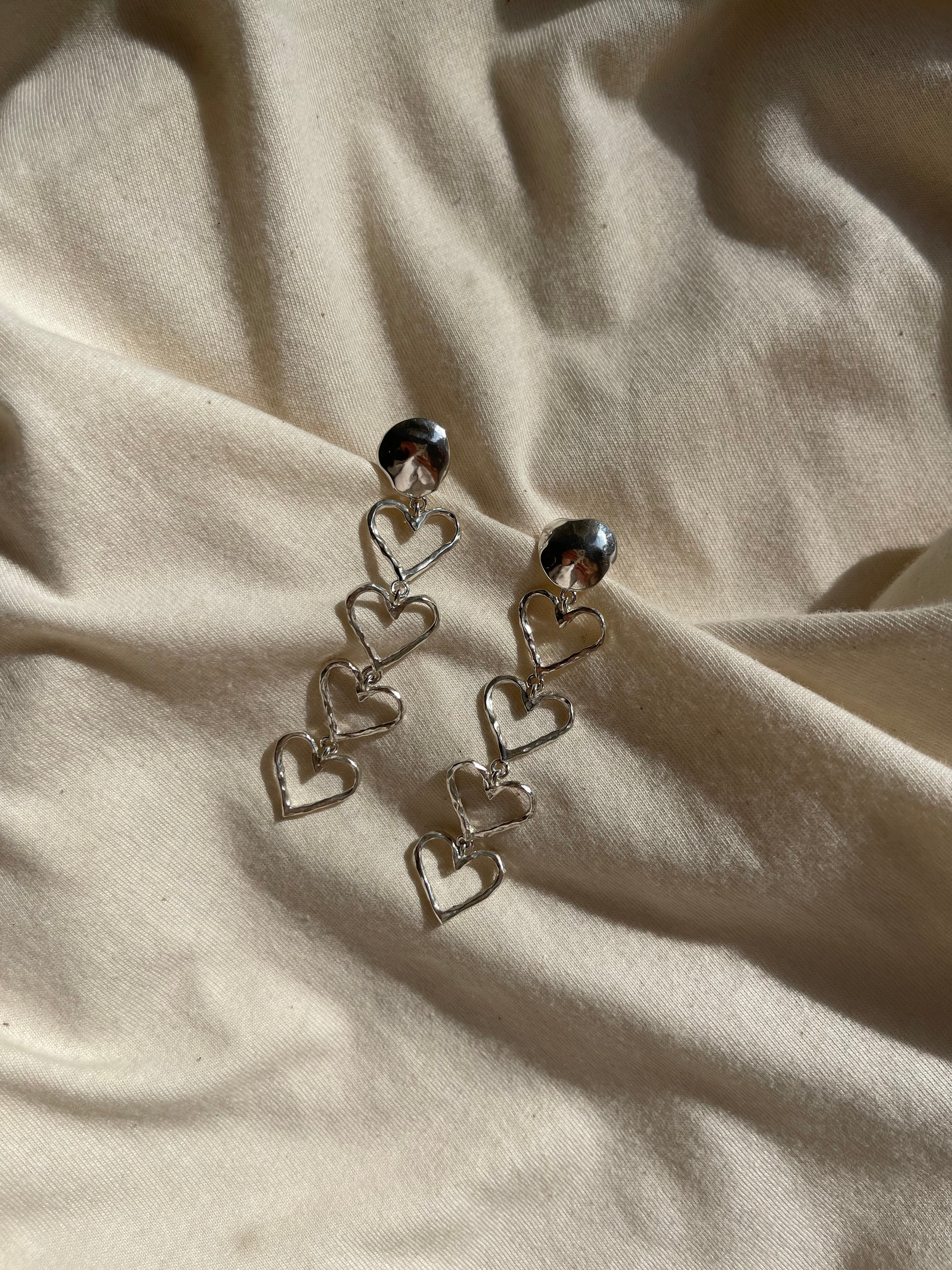 Long Silver Heart Earrings